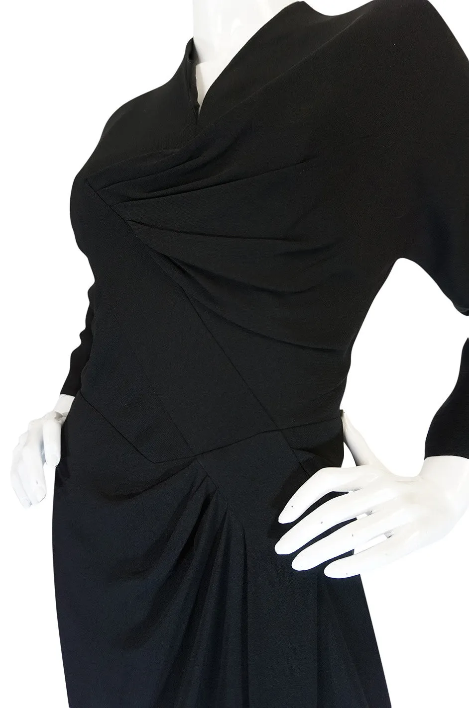 1950s Dorothy O'Hara Draped Front Black Crepe Dress