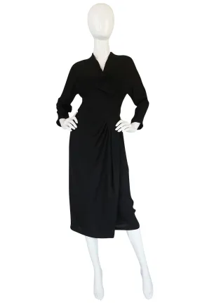 1950s Dorothy O'Hara Draped Front Black Crepe Dress