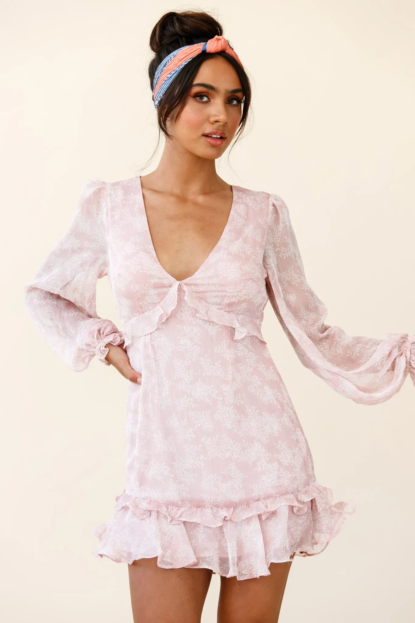 Amarantha Sheer Balloon Sleeve Frill Trim Dress Floral Print Pink