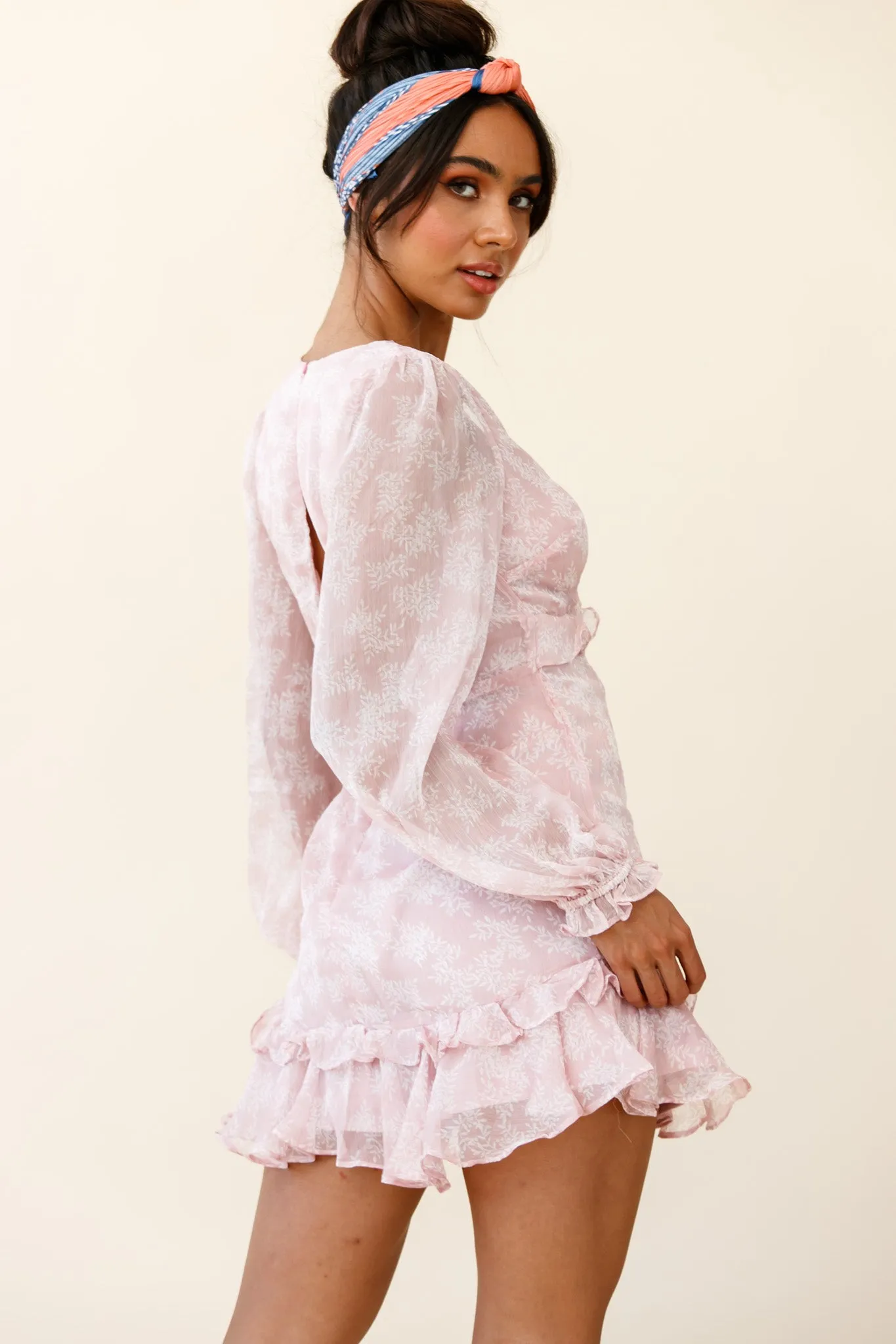 Amarantha Sheer Balloon Sleeve Frill Trim Dress Floral Print Pink