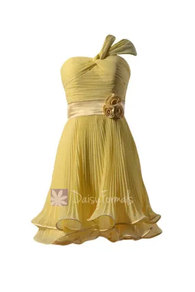 Banana Pleated Chiffon Bridesmaid Dress One-Shoulder Bridal Party Dress w/Straps(BM334RE)