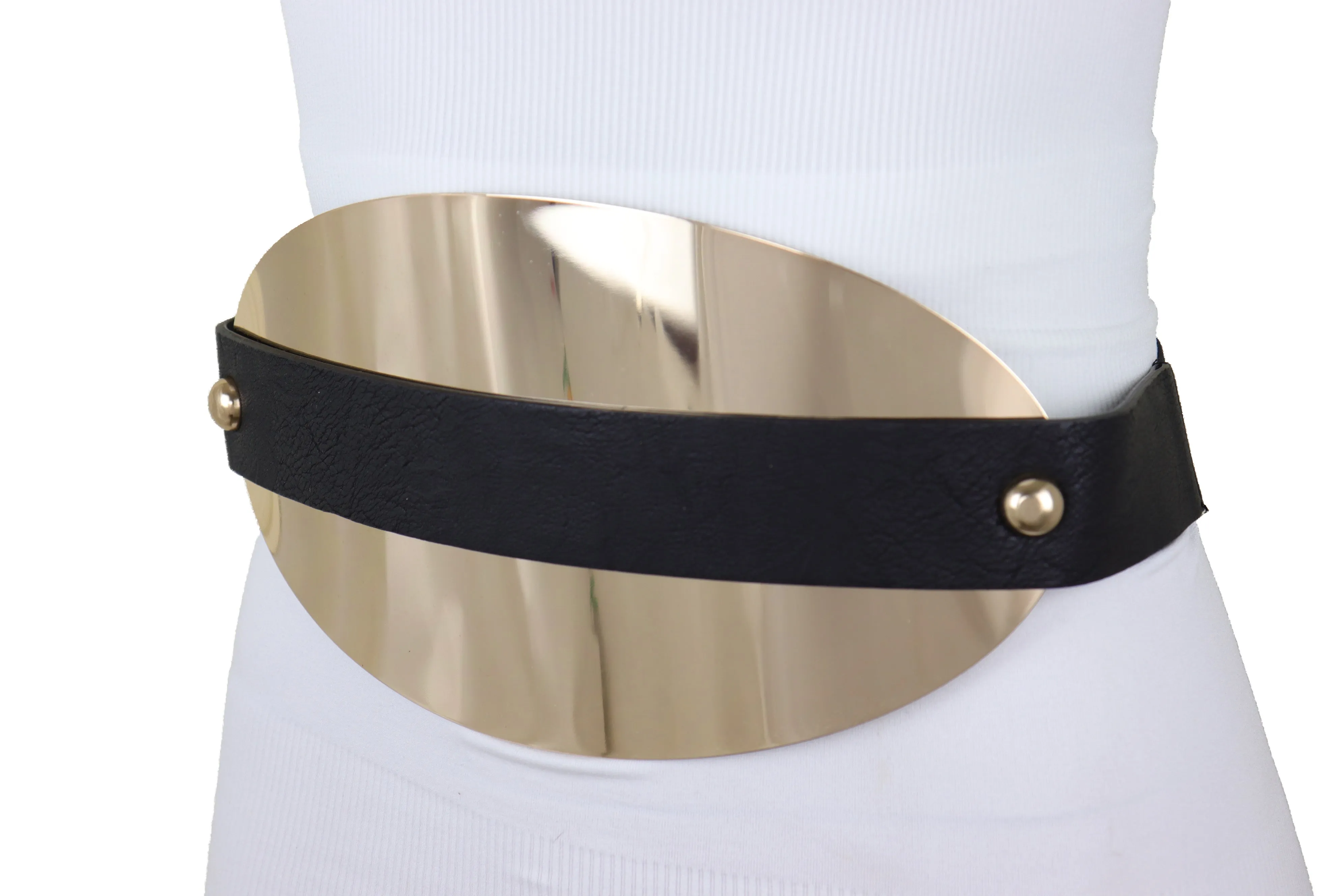 Black Elastic Wide Bling Fashion Belt Hip Waist Oval Gold Metal Plate S M