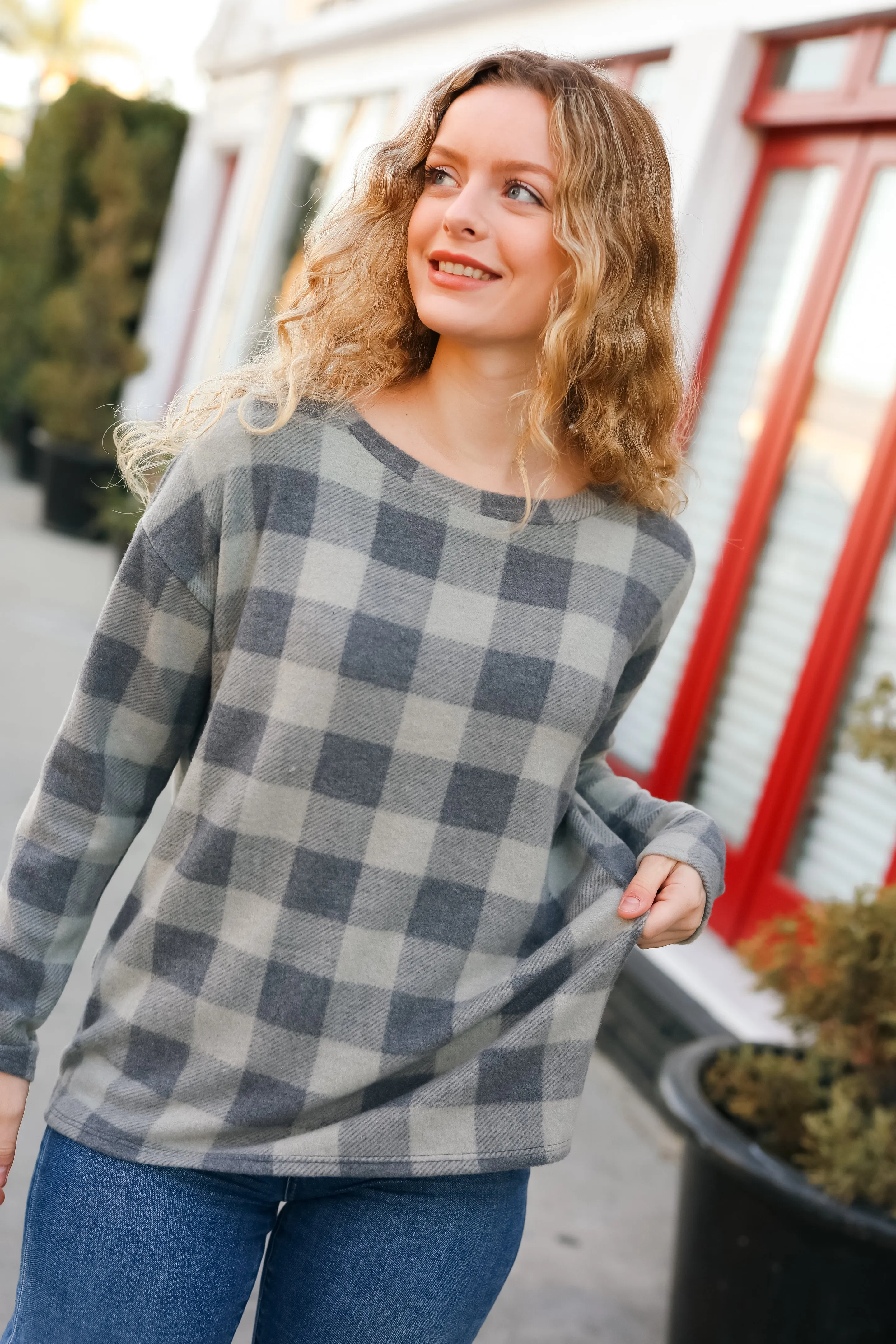 Check It Out Olive Grey Checker Plaid Hacci Pullover (Open Pack)