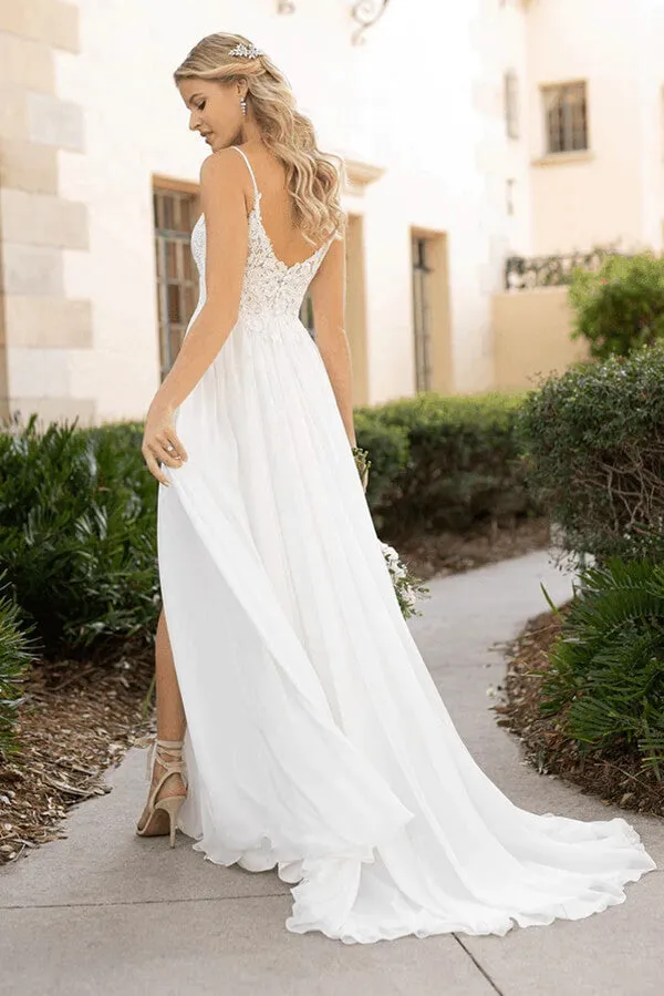 Chiffon Lace A-line V-neck Spaghetti Straps Beach Wedding Dresses, SW620