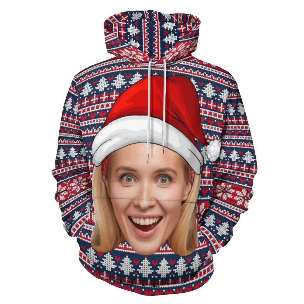 Custom Big Face Ugly Christmas Tree Red Hat Hoodie Unisex Personalized Loose Hoodie Top Outfits