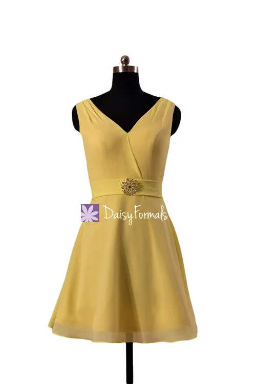 Goldenrod V-neckline Party Dress Beach Bridal Party Dress Cocktail Chiffon Prom Dress W/straps(BM7732)