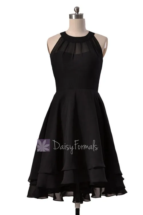 Illusion neckline High Low Bridesmaid Dress Black Chiffon Formal Dress W/Illusion Neckline(CST2225)