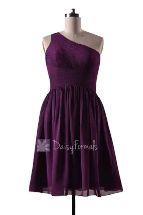 In stock,Ready to Ship - Short One Shoulder Purple Chiffon Bridesmaid Dress(BM351) - (#2 Byzantium)