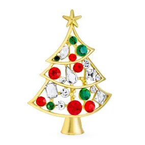 Large Statement Crystal Holly Christmas Tree & Bell Scarf Brooch Pin Gold Plated