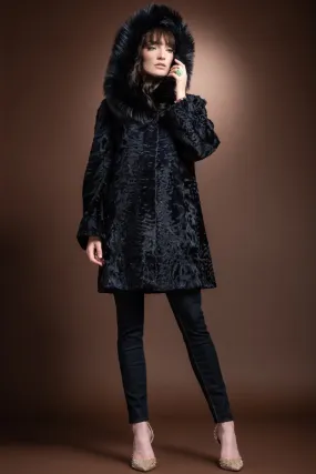 Navy Blue Hooded Fox Fur Trimmed A-Line Mid Length Karakul Fur Coat