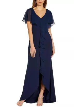 Navy V-neck Chiffon Ruffled Gown