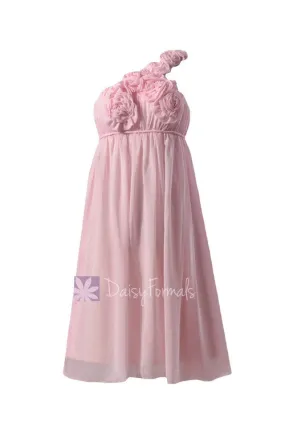 One Shoulder Light Pink Chiffon Bridesmaid Dress Pink Materinity Party Dress W/Rosettes(BM1031S)