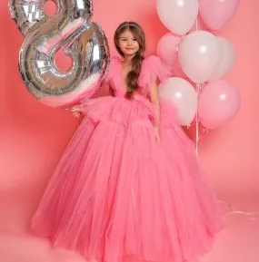 Pink Tulle Layers Puff Sleeves Bow Knot Flower Girl Dresses