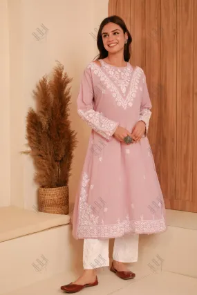 Saba Chikankari Long kurta in cotton - Lilac