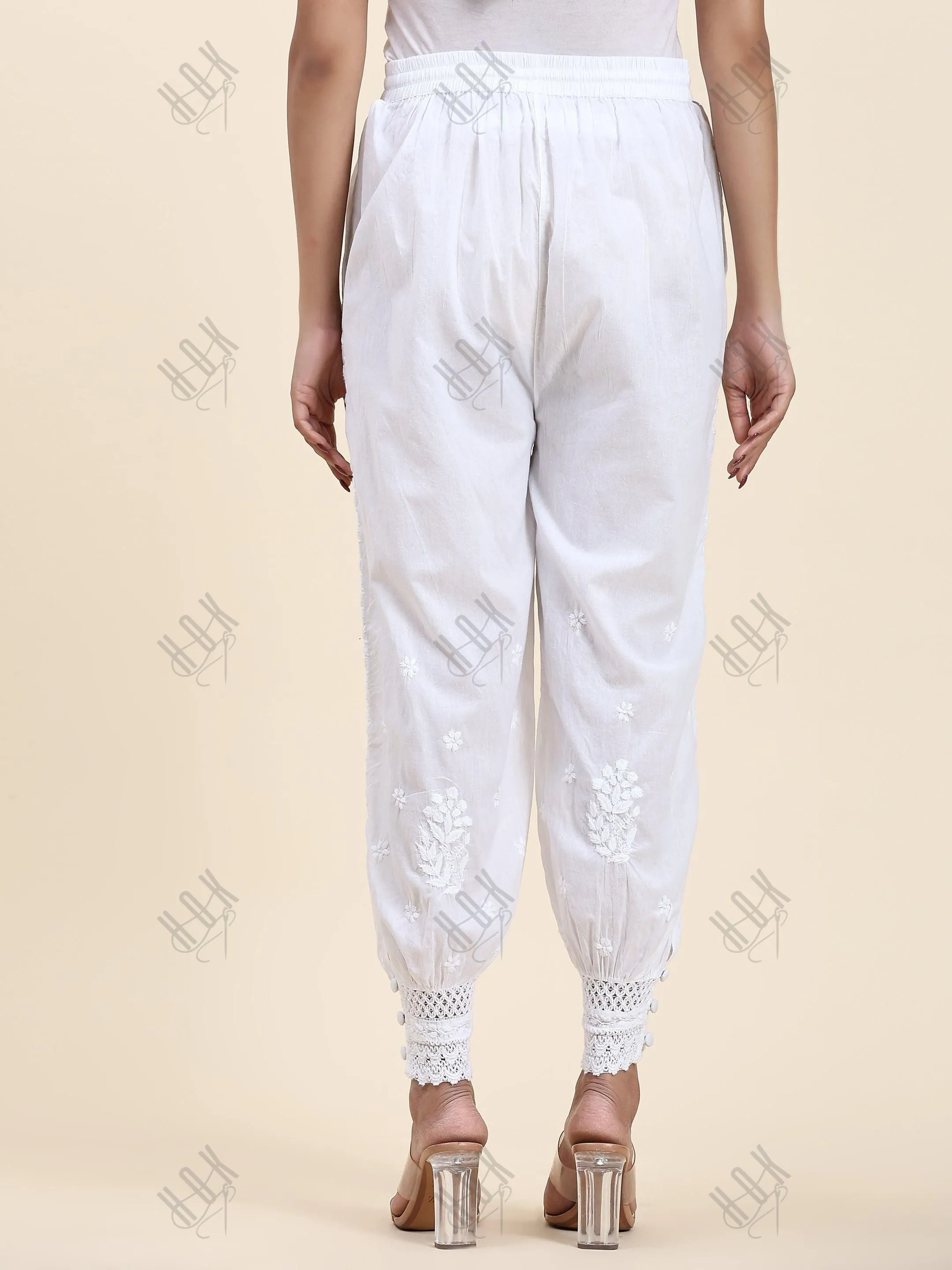 Samma House Of Kari Chikankari Embroidered Cotton White Relaxed Pants-13