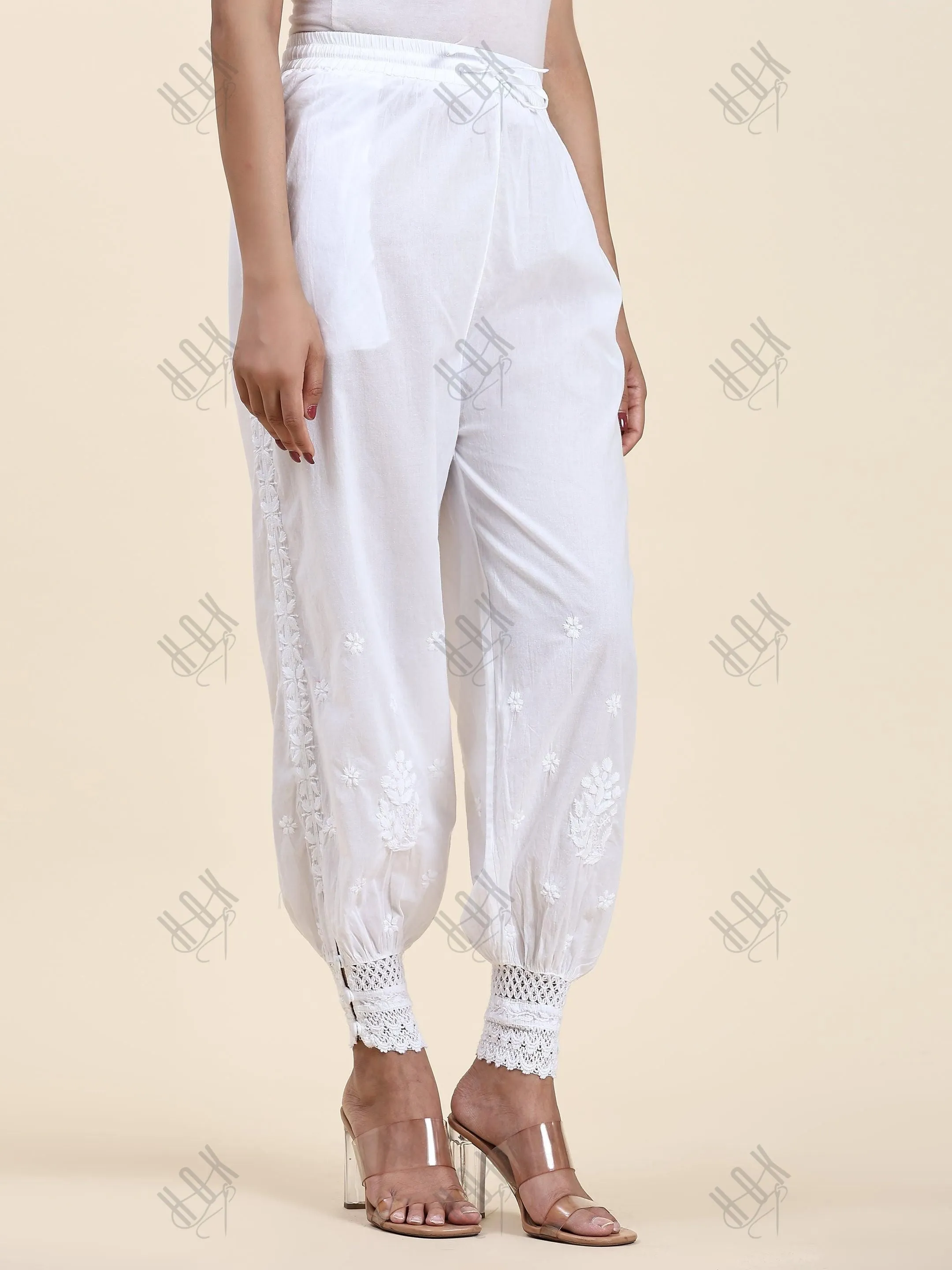 Samma House Of Kari Chikankari Embroidered Cotton White Relaxed Pants-13