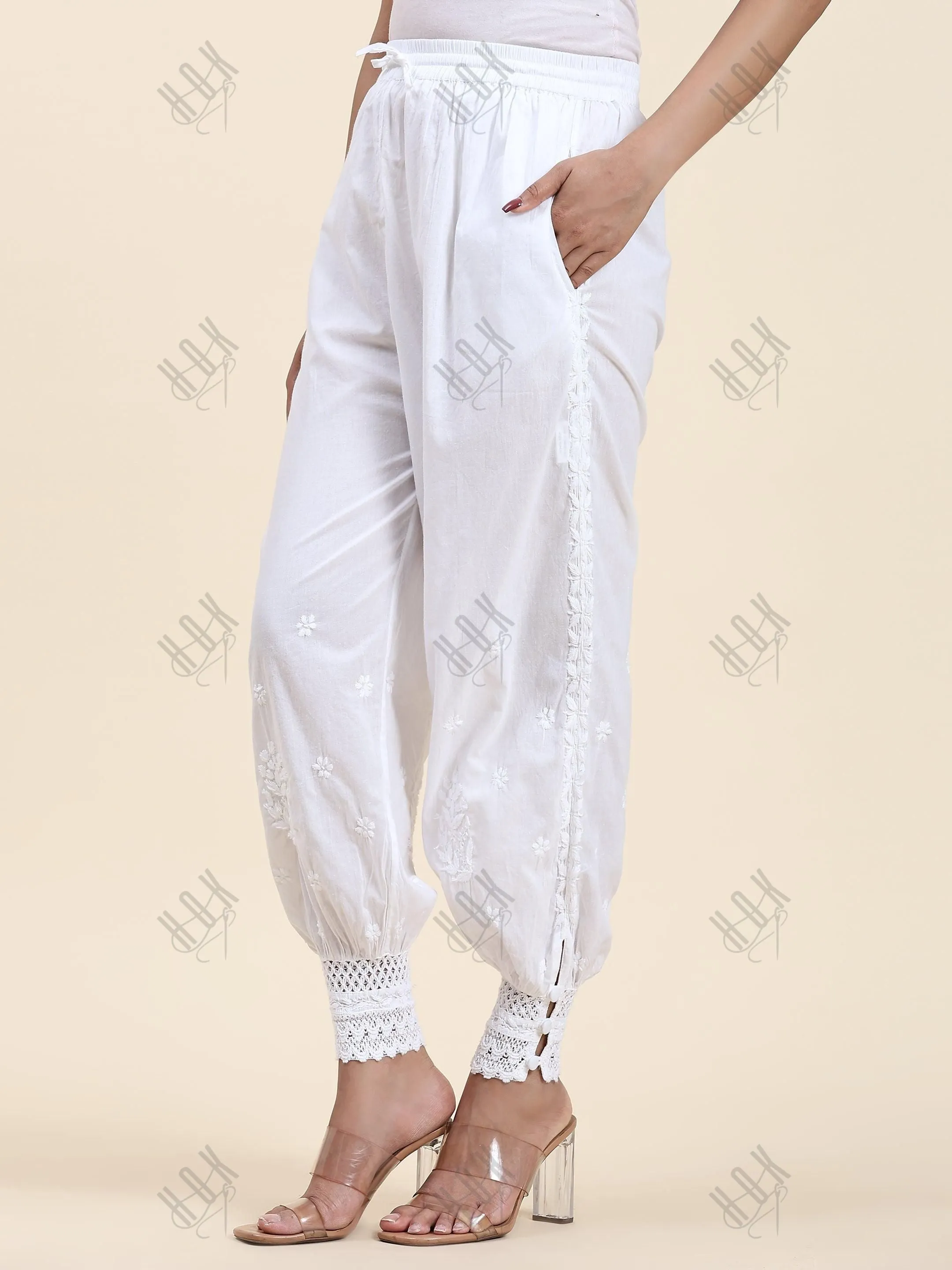 Samma House Of Kari Chikankari Embroidered Cotton White Relaxed Pants-13