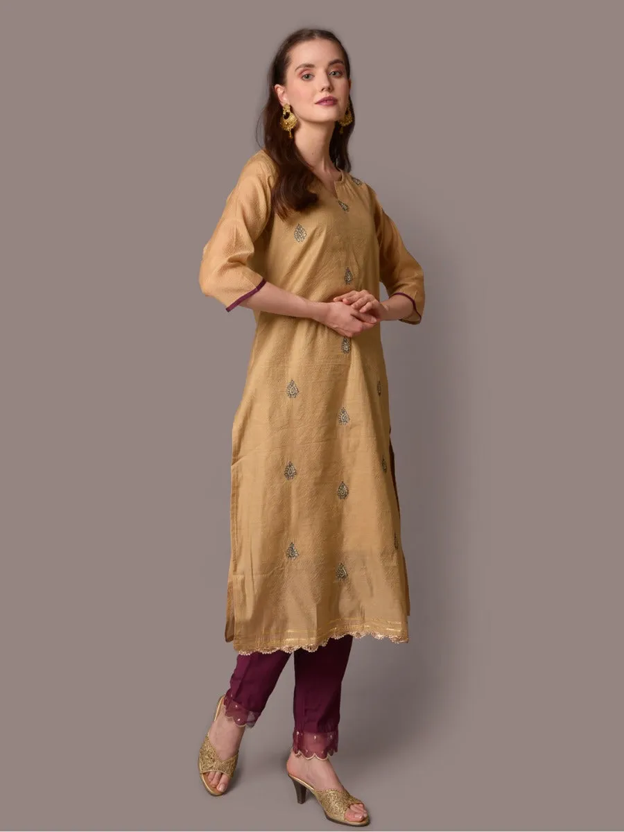 Women Beige Solid Kurta Trouser Dupatta