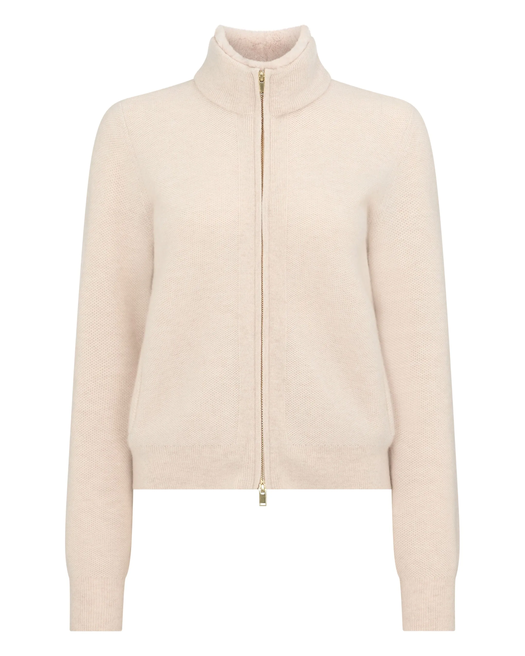 Women's Honeycomb Full Zip Cashmere Jumper With Fur Trim Ecru White